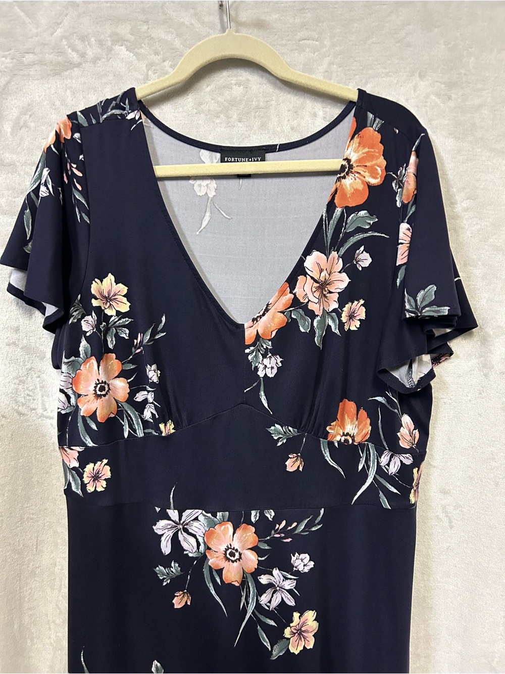 Plus Size 2X Floral V-Neck Navy Midi Dress with Flutter Sleeves - Picture 2 of 5